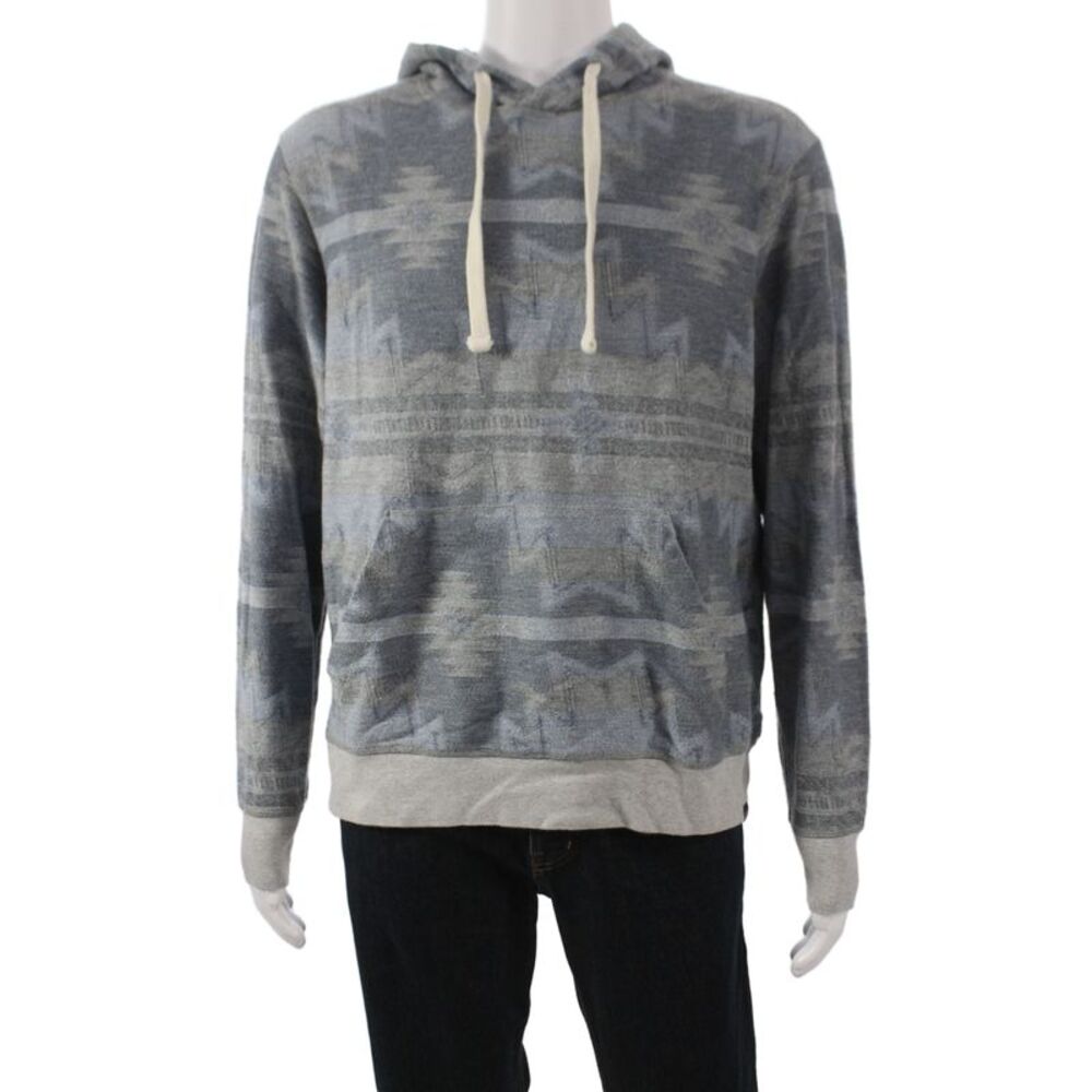 Faherty Mens Pullover Hoodie Blue Geometric Southwestern Organic Cotton Size L